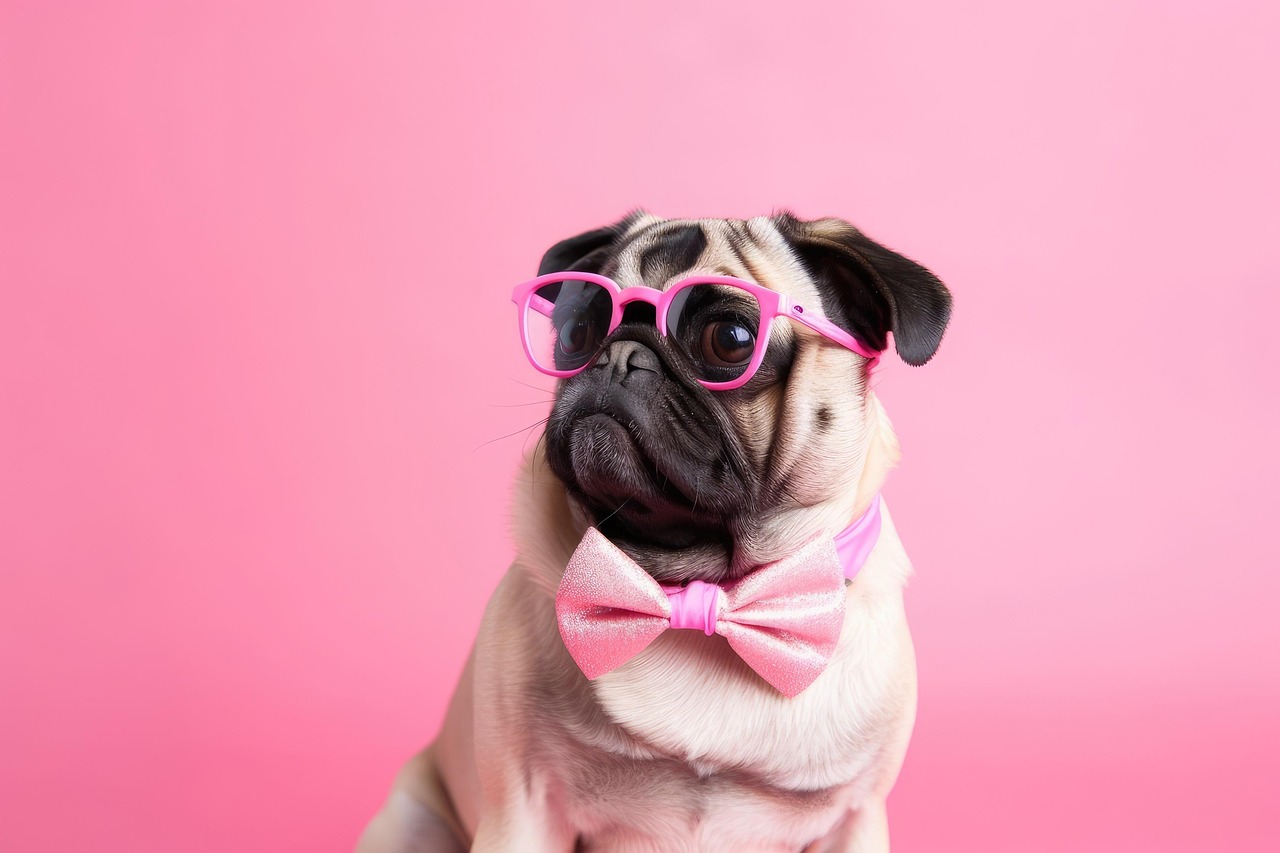 pug, dog, sunglasses, pink, nature, glasses, bow tie, funny, puppy, purebred, pet, canine, animal